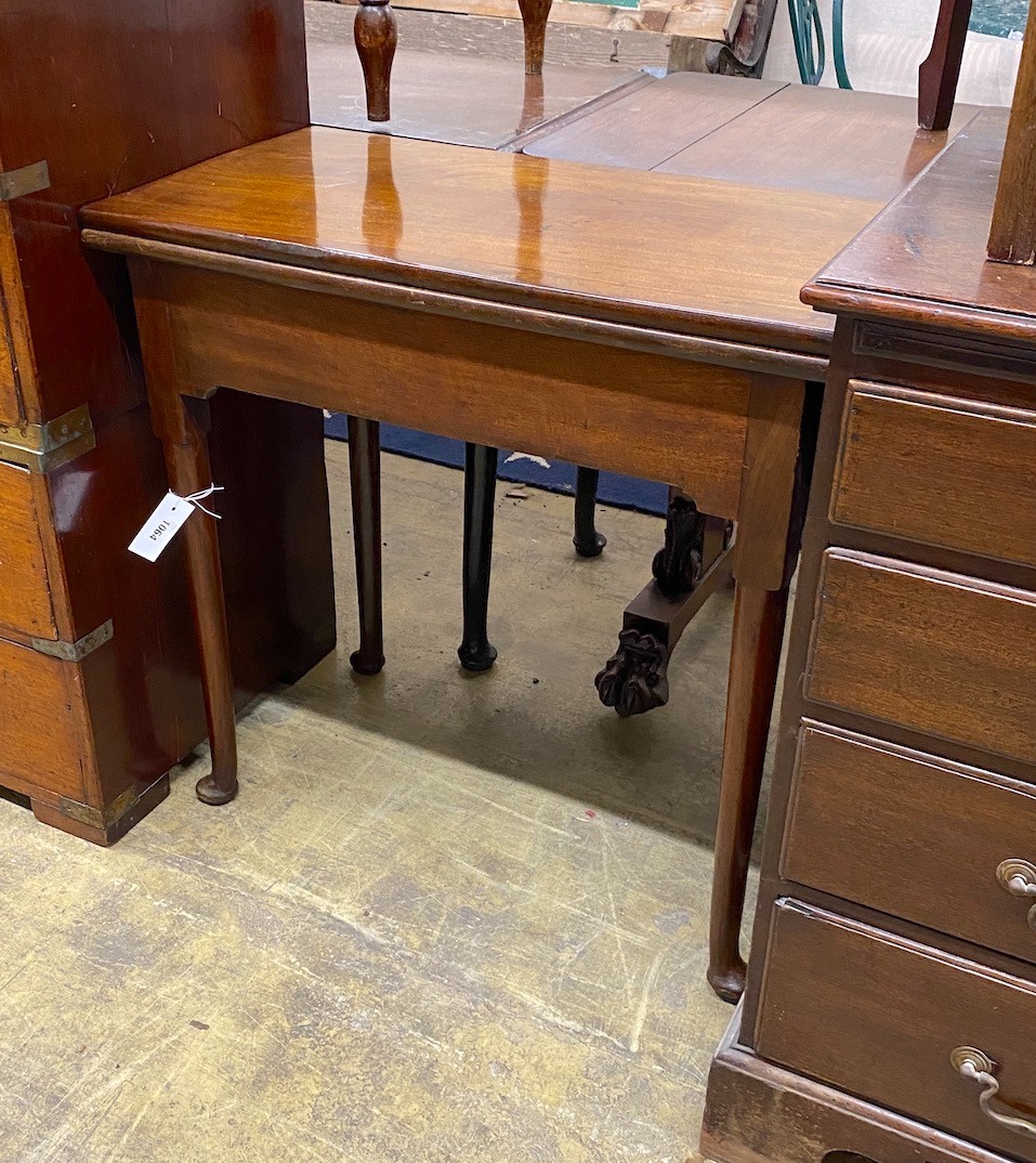 An 18th century mahogany rectangular folding tea table, width 73cm, depth 38cm, height 71cm